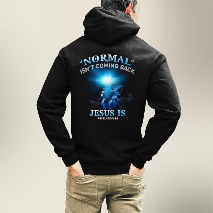 Normal Isn't Coming Back Jesus Is Revelation Blue Cross And Lion Hoodie (Back)