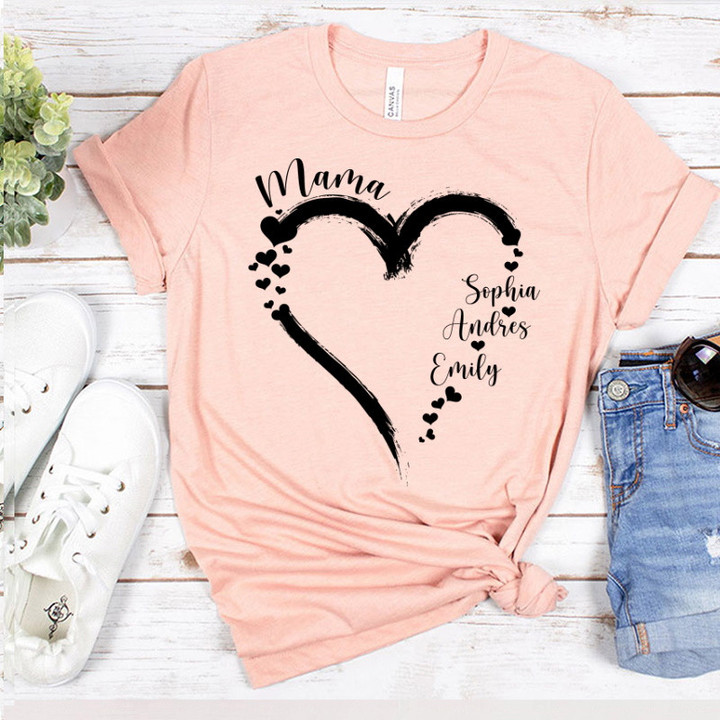Custom Mama Shirt, Personalized Mom Heart Shirt With Kids Names, Gift For Mom From Kids (Light Ver.)