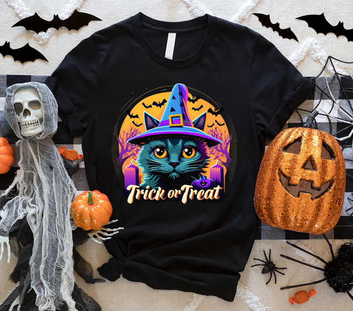 Trick or Treat Halloween T-Shirt, Black Cat Wearing Witch Hat T-Shirt