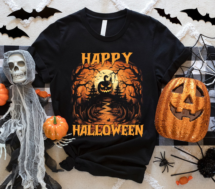 Halloween Shirt, Ghost Pumpkin in the Dark Forest T-Shirt