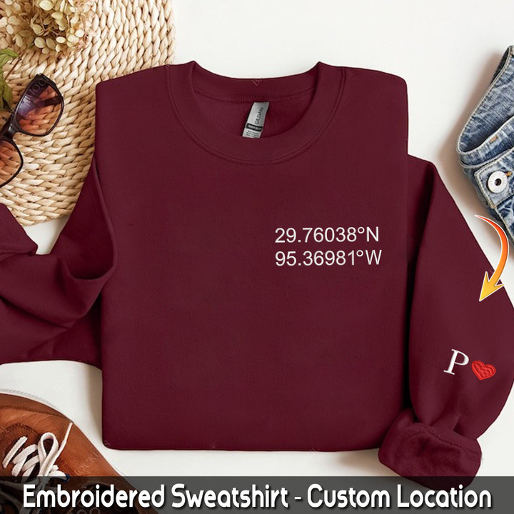 Custom Embroidered Location Coordinates Sweatshirt Couple Sweatshirt Initial On Sleeve Anniversary Gift GPS Coordinate Valentine's Day Gift