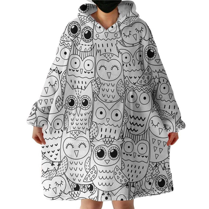 Grey Owl Pattern Oversize Design Hoodie Blanket