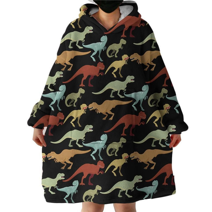 Colorful Dino On Black Background Design Hoodie Blanket