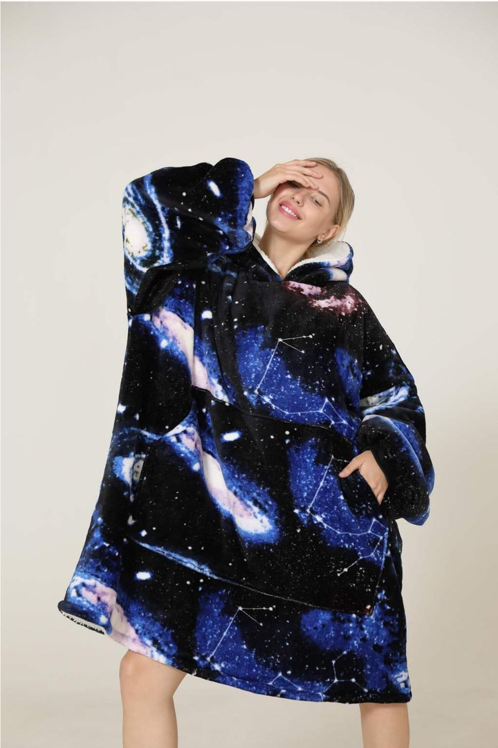 Blue And Dark Galaxy Oversized Design Hoodie Blanket