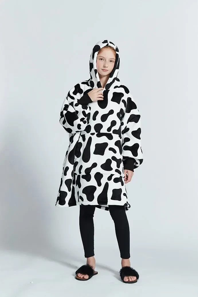 Monochrome Cow Oversized Pattern Design Hoodie Blanket
