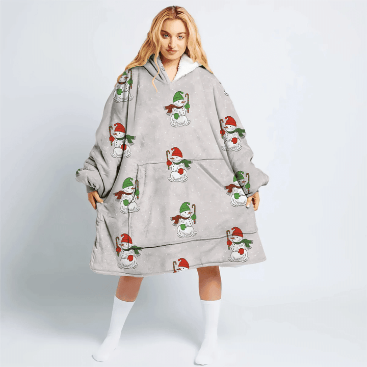 Small Cheerful Christmas Snowmen With Candy Hoodie Blanket