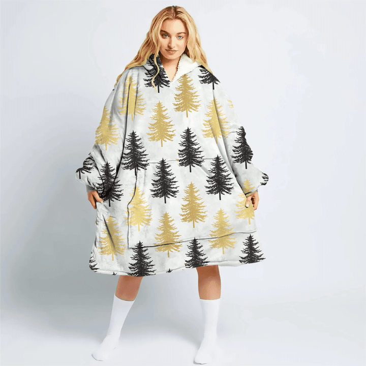Black And Gold Christmas Trees On White Background Hoodie Blanket