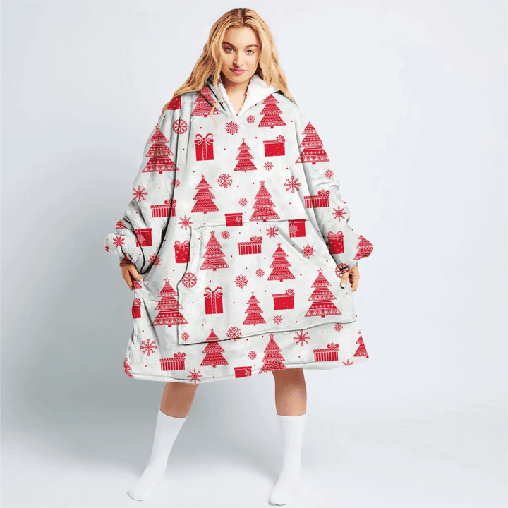 Red Christmas Trees Gift Boxs And Snowflakes Hoodie Blanket