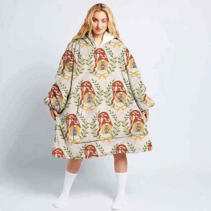 Vivid Floral Wreaths With Gnomes Inspired Illustration Hoodie Blanket