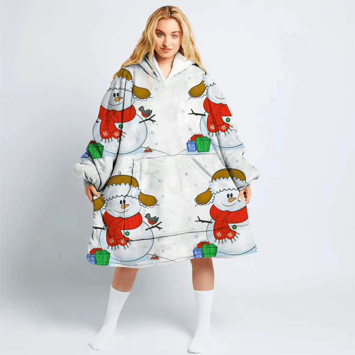 Christmas Smiling Snowman With Red Scarf And Small Bird Hoodie Blanket