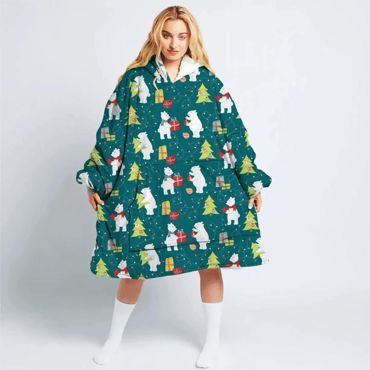 Christmas Holiday With Bears Decorate The Christmas Tree Hoodie Blanket