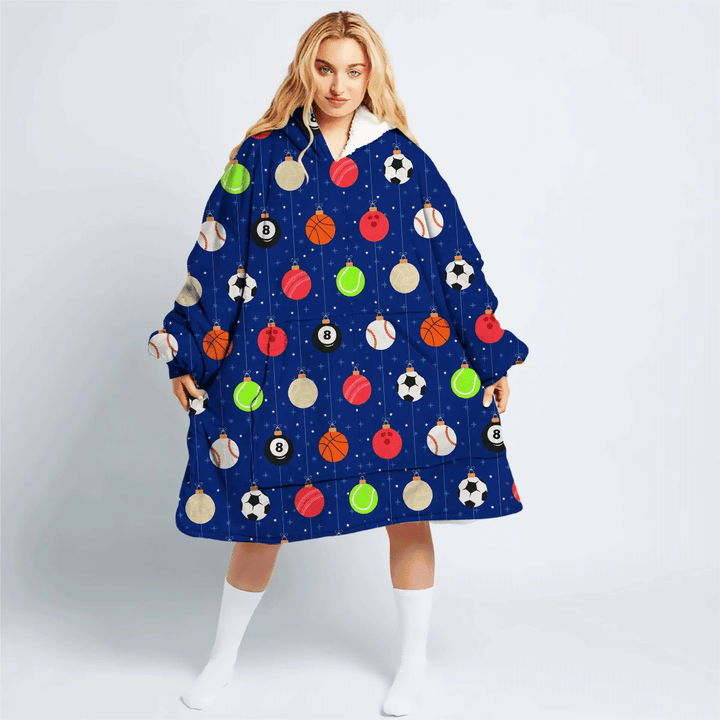 Sport Christmas Balls Collection On Blue Background Hoodie Blanket