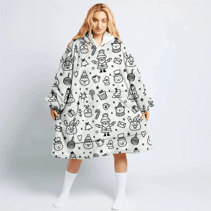 Cartoon Doodle Style With Cute Christmas Symbols White Background Hoodie Blanket