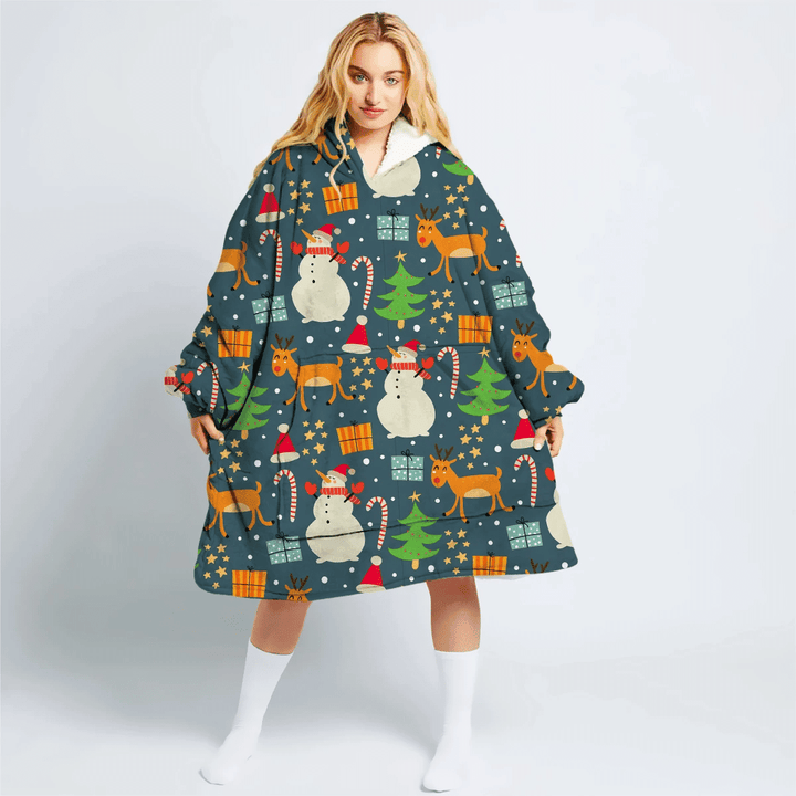 Christmas Tree Snowman Deer And Candy Cane Hoodie Blanket