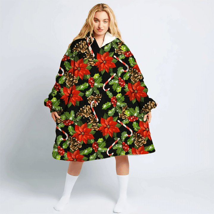 Christmas Red Poinsettias Cone And Holly Hoodie Blanket