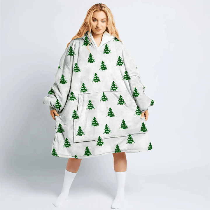 Green Christmas Trees On White Background Hoodie Blanket