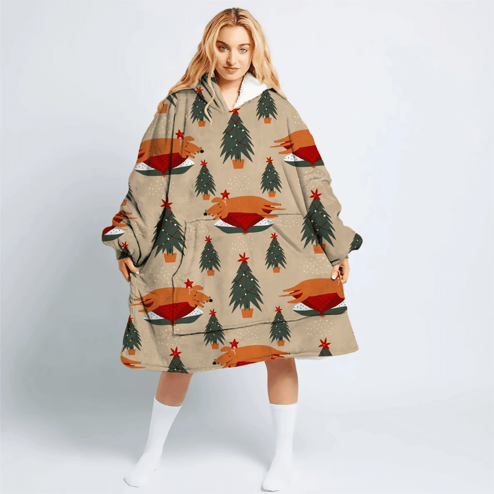 Festive With Sleeping Dachshund Dog And Christmas Tree Hoodie Blanket