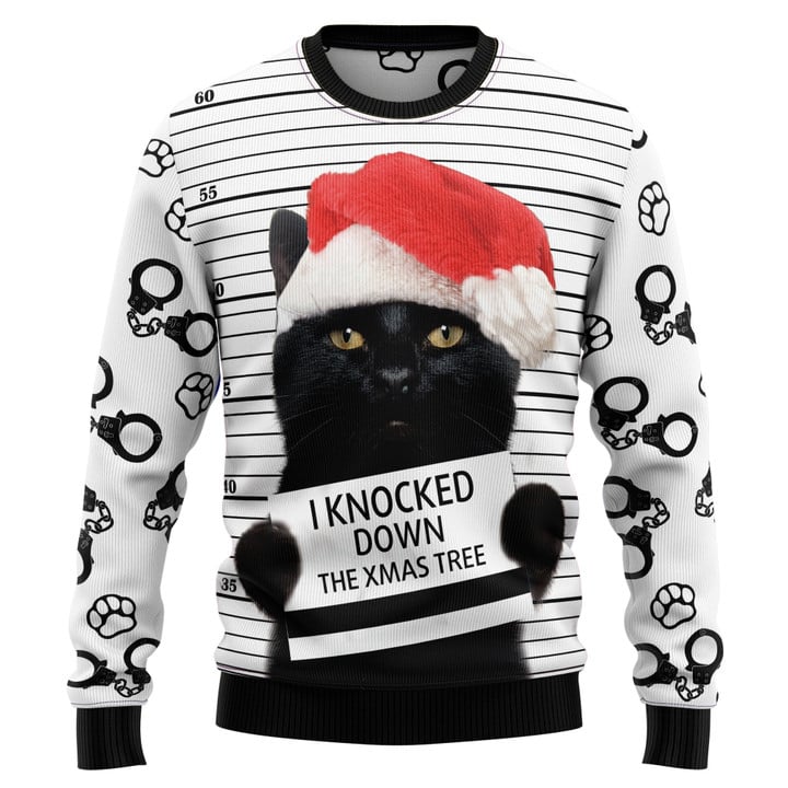 Black Cat Knocked Down Xmas Tree Ugly Christmas Sweater