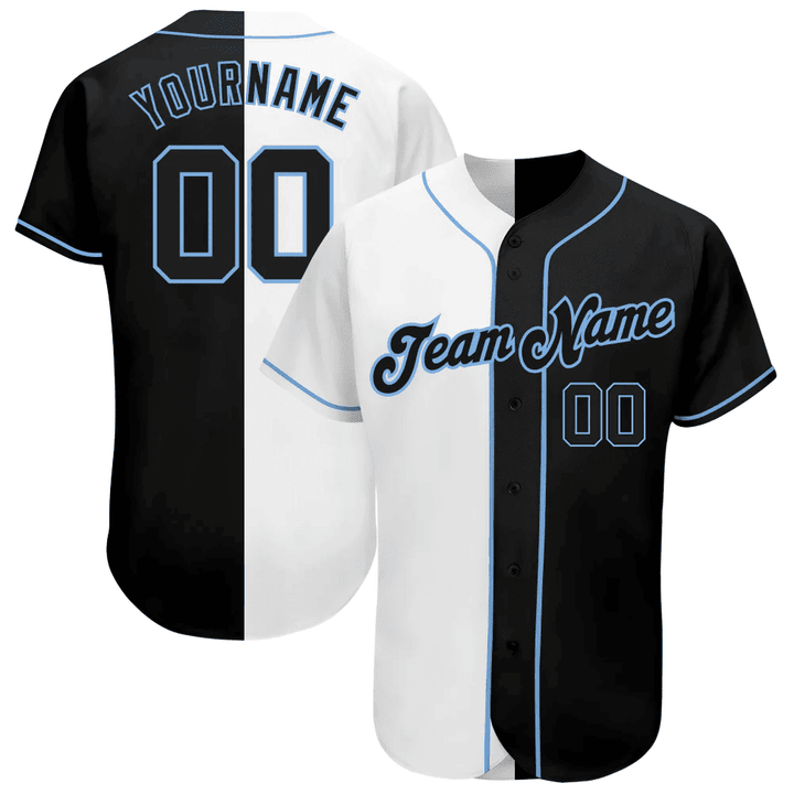 Custom White-Black Light Blue Split Fashion Baseball Jersey
