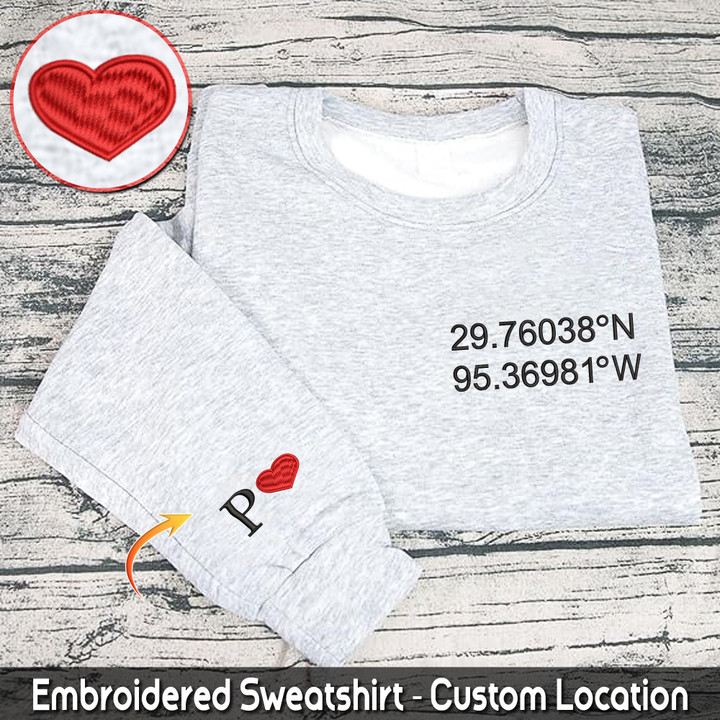 Embroidered Sweatshirt Custom Location Coordinates Valentine's Day Gift Couple Gift Gift For Boyfriend Gift For Girlfriend