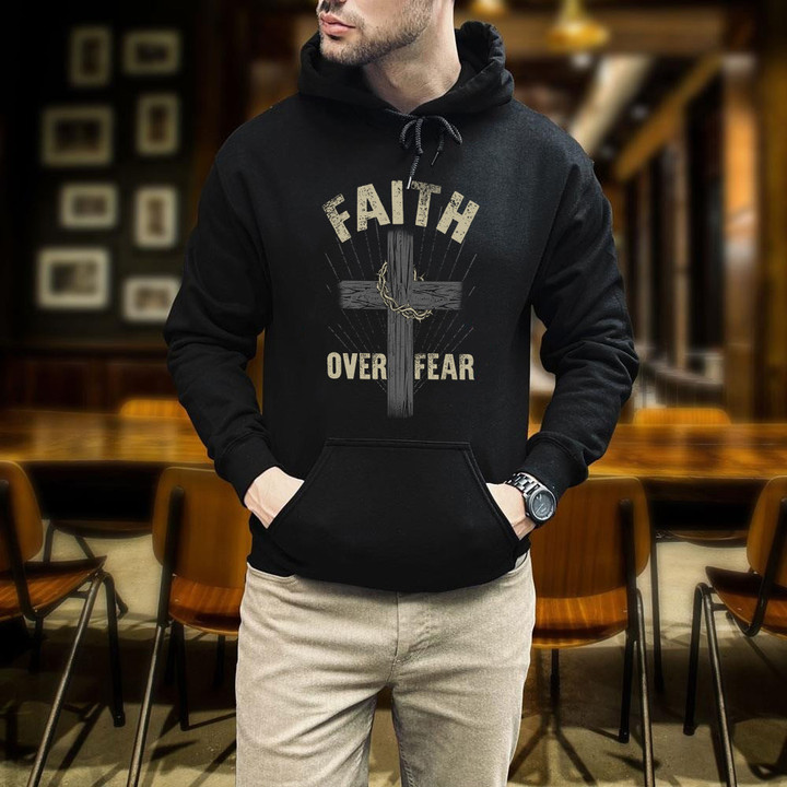 Veteran Christian Cross Faith Over Fear Printed 2D Unisex Hoodie