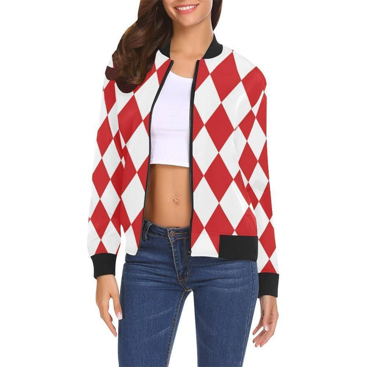 Harlequin Red And White Print Women Casual Bomber Jacket