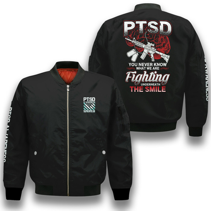 Veteran Dad PTSD You Never Know What We Are Fighting Underneath Black 3D Printed Unisex Bomber Jacket