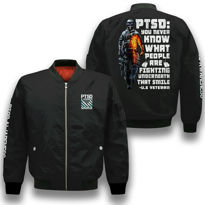 PTSD Awareness You Never Know What People Are Fighting Black 3D Printed Unisex Bomber Jacket