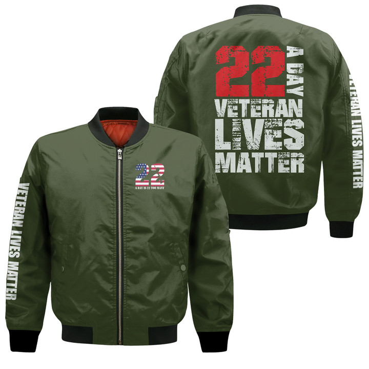 22 A Day Veteran Lives Matter Green 3D Printed Unisex Bomber Jacket