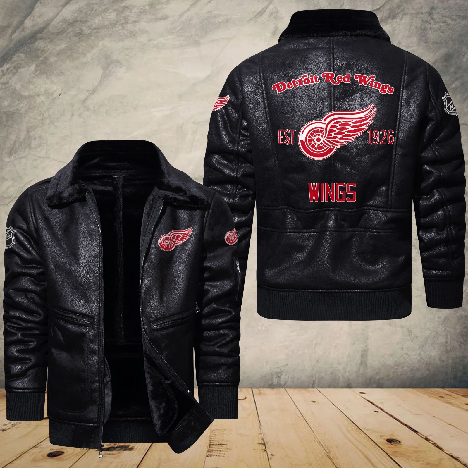 Detroit Red Wings Fleece Leather Bomber Jacket 1140