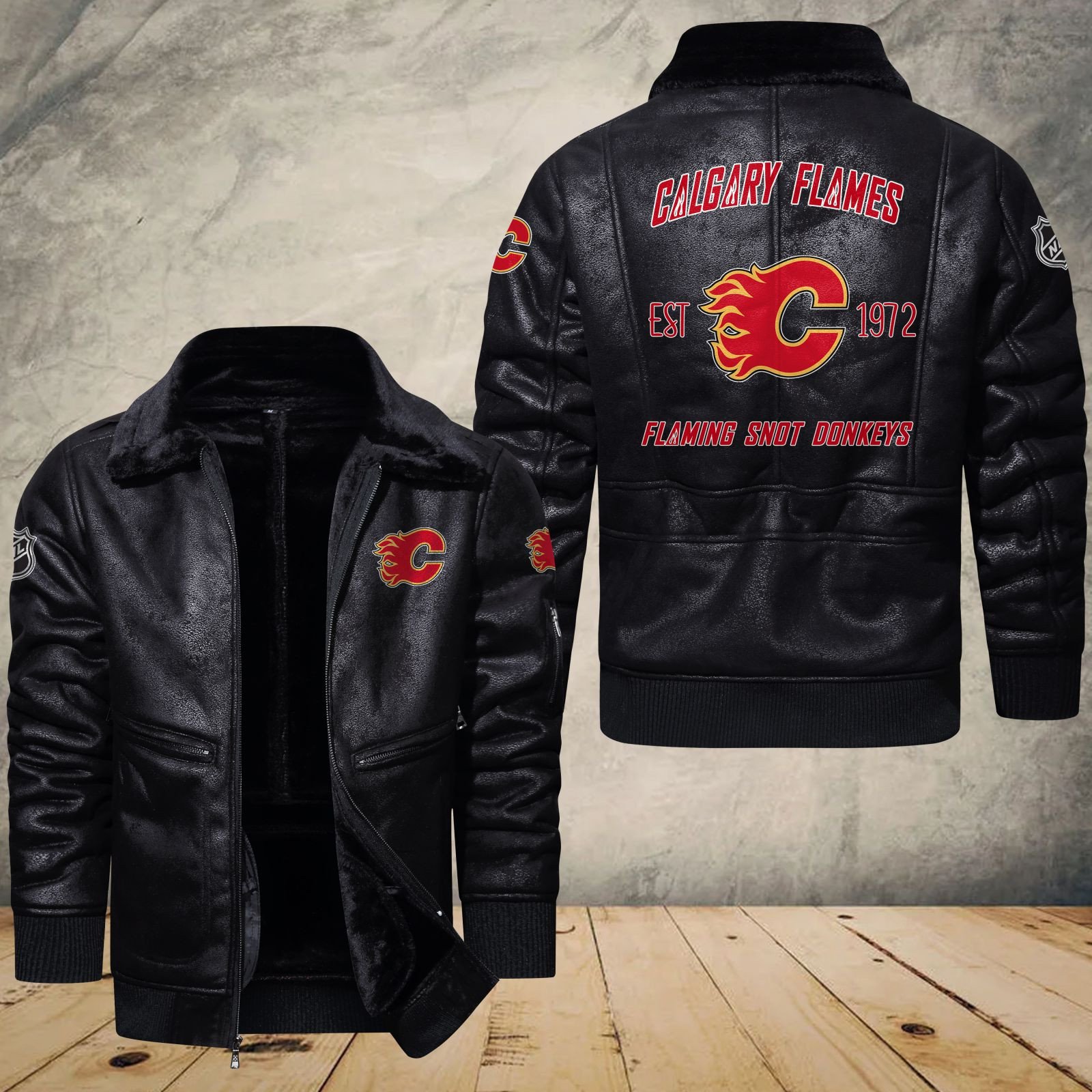 Calgary Flames Fleece Leather Bomber Jacket 1134