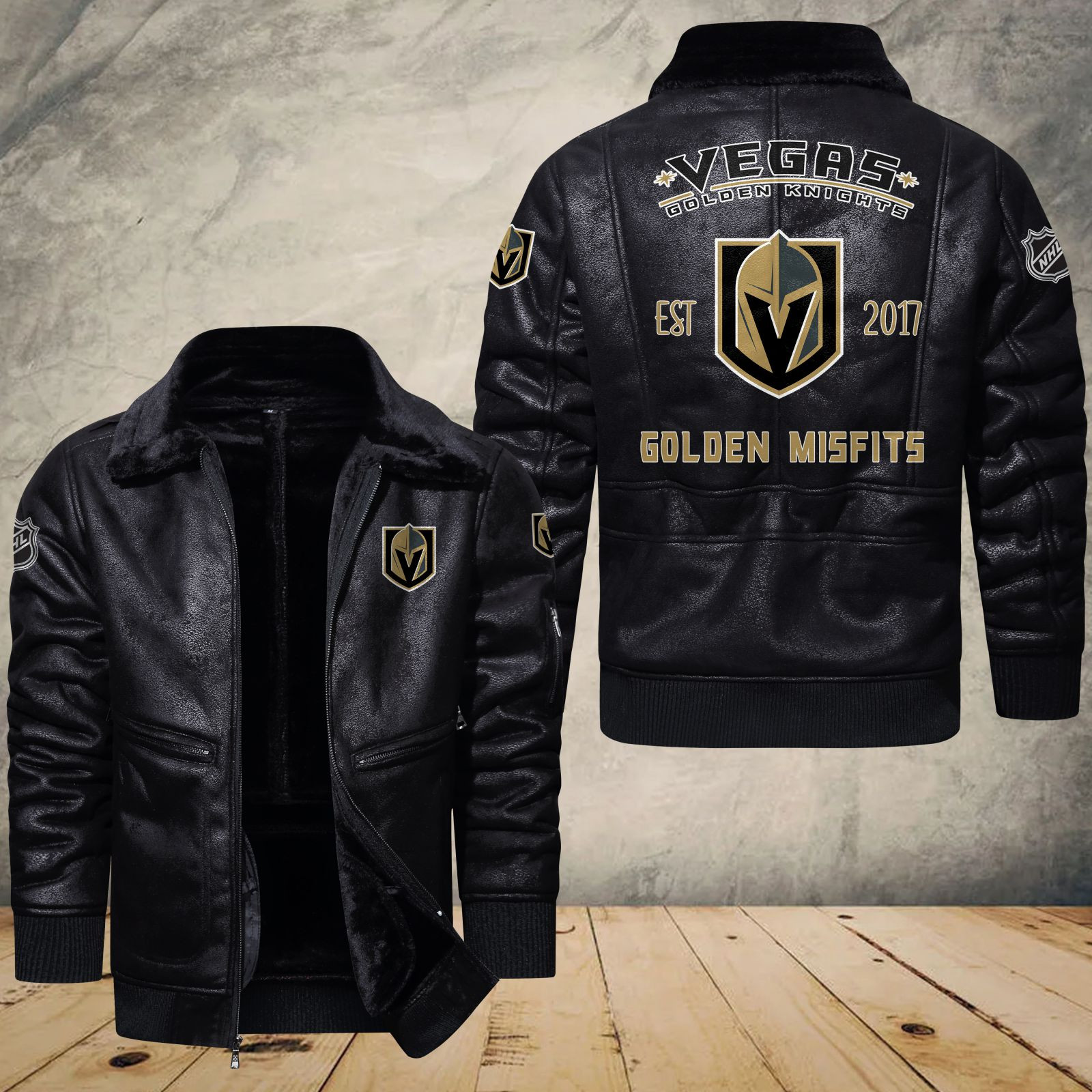 Vegas Golden Knights Fleece Leather Bomber Jacket 1158