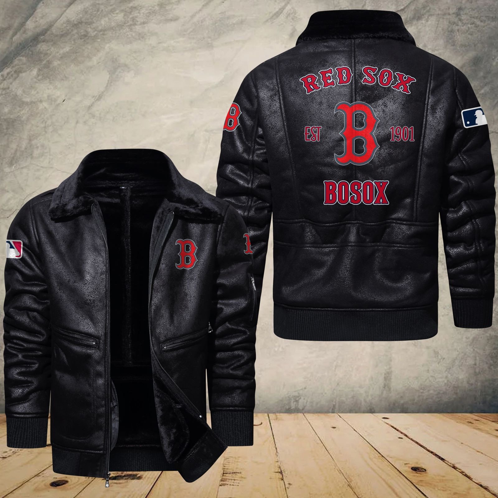 Boston Red Sox Fleece Leather Bomber Jacket 1196