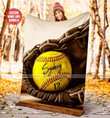 Softball Ball In Glove Customized Name and Number Fleece Blanket #158l