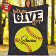 Never Give Up Softball Customized Name and Number Fleece Blanket #298h