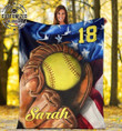 Amazing Softball Glove Hold Ball On American Flag Customized Blanket With Name #190121l