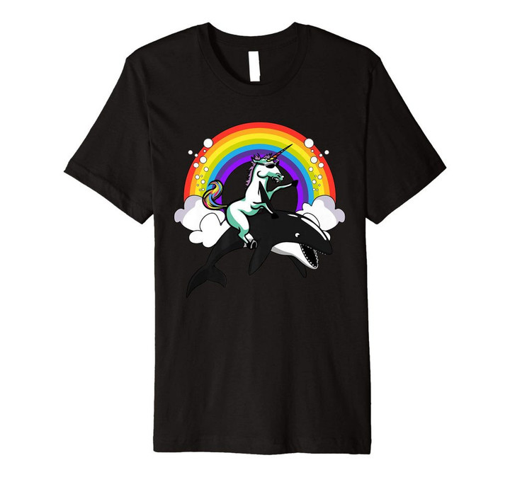 Unicorn riding orca whale magical rainbow funny ocean kids premium t-shirt