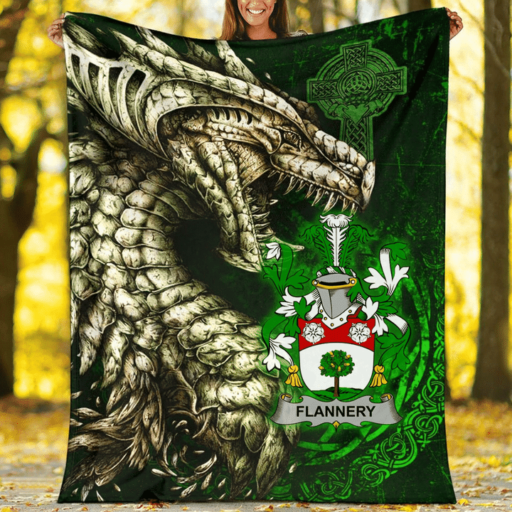Ireland Premium Blanket - Flannery or O'Flannery Family Crest Blanket - Dragon Claddagh Cross A7