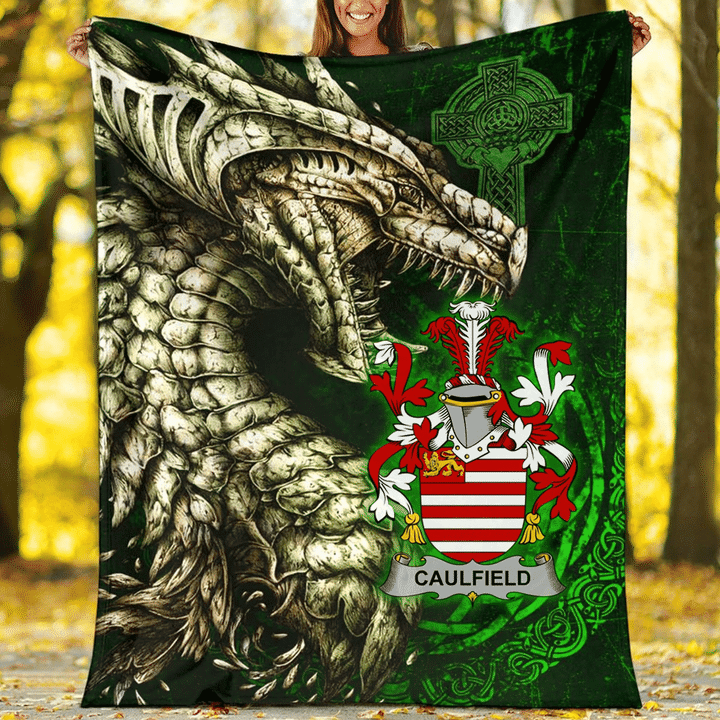 Ireland Premium Blanket - Caulfield or Gaffney Family Crest Blanket - Dragon Claddagh Cross A7