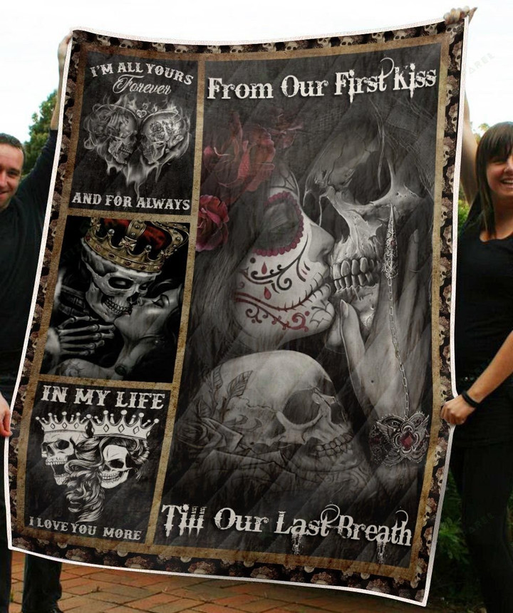 Skull From our first kiss till our last breath Cozy Fleece Blanket