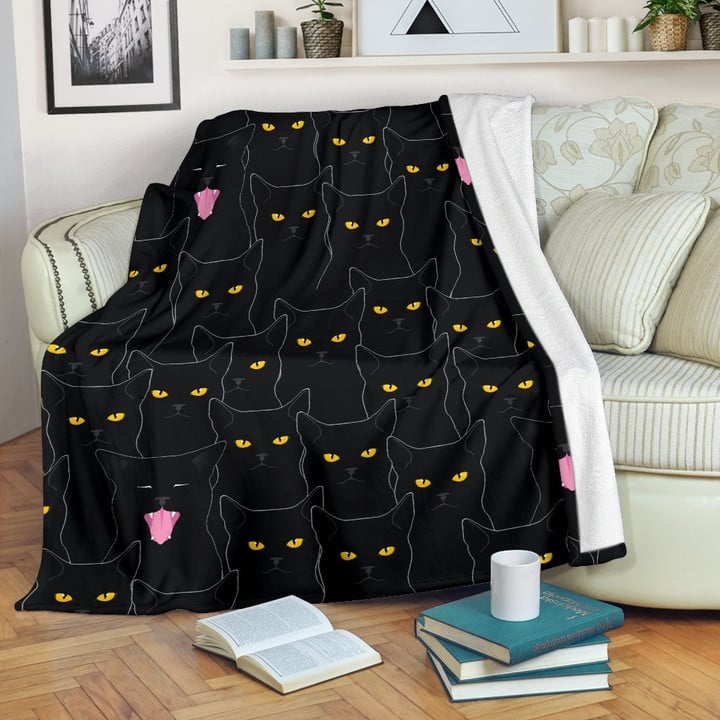 Black Cat Yellow Eyes Print Pattern Blanket