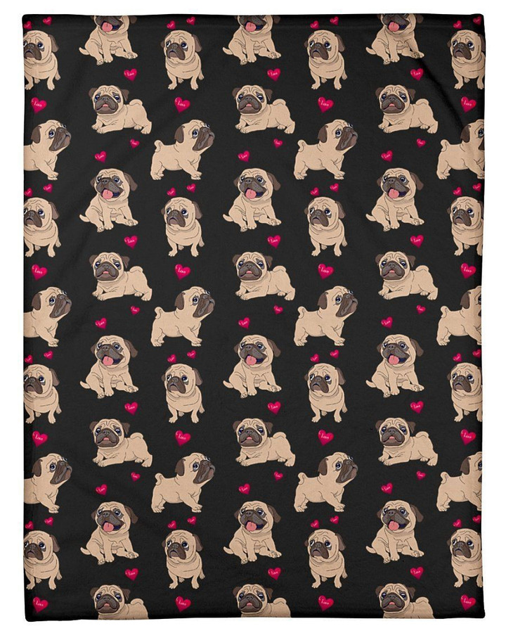 Pug Pattern Love Heart Black Fleece Blanket Fleece Blanket