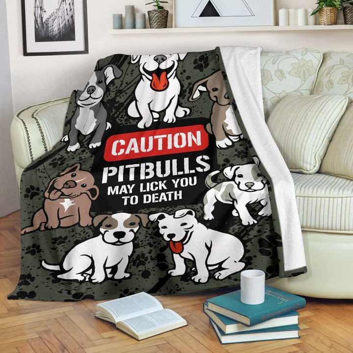 Caution Pitbulls Mat Lick You To Death Fleece Blanket Fleece Blanket