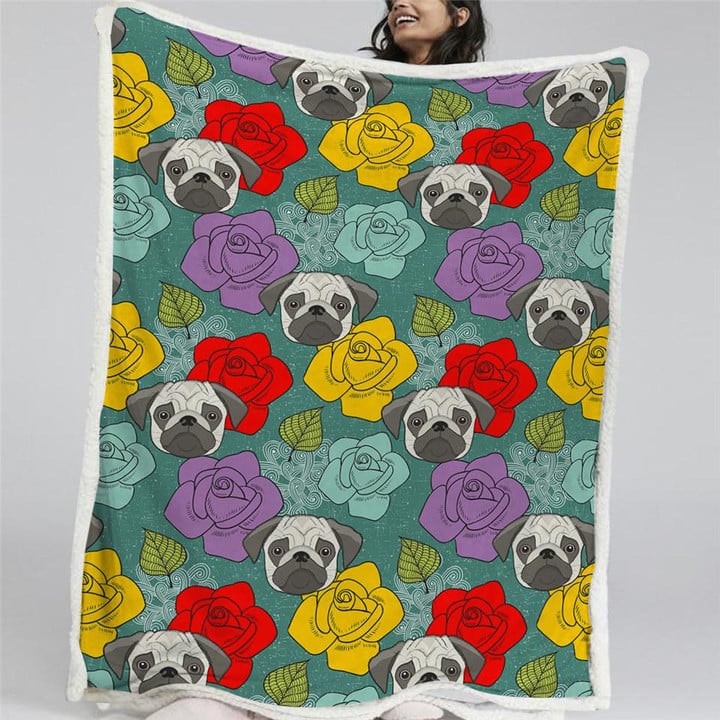 Roses And Bulldog Themed Sherpa Fleece Blanket