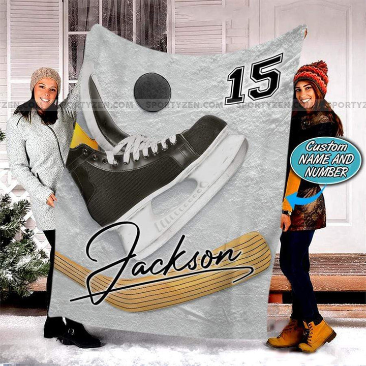 Ice Hockey Skate Puck Stick Customized Name and Number Fleece Blanket #298v