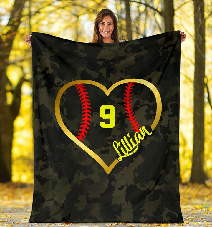 Customized Softball Heart Camo Blanket With Name