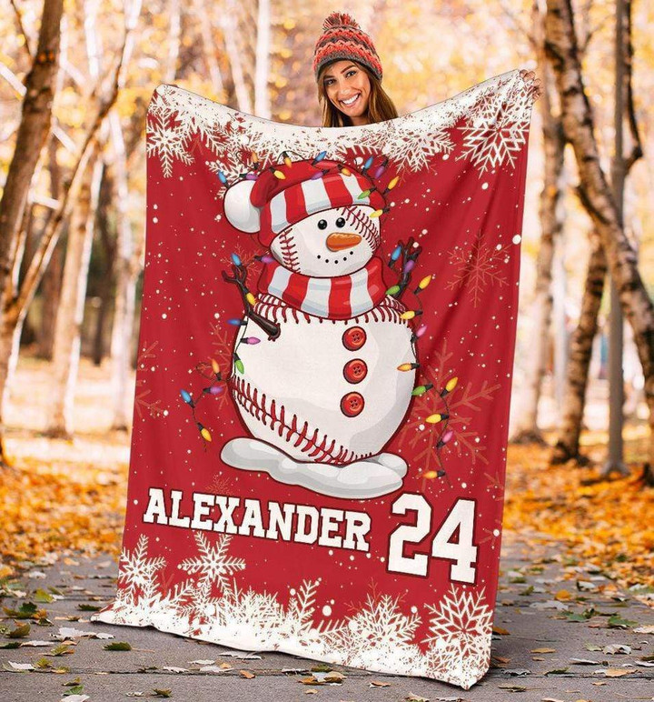 Merry Christmas Baseball Snowman Red Customized Fleece Blanket With Name