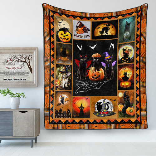 Halloween Cat Blanket - Scary Black Cat With Pumpkins Fleece Blanket - Halloween Gift For Cat Lovers