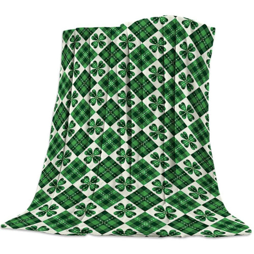 St. Patricks Day 2021 Gifts Fleece Blanket And Microfiber Soft Bed Throws Blanket St. Patricks Day Scottish Checked Four-Leaf Clover For Sofa Couch Decorative All Season Warm Living Room/Bedroom Lightweight Blankets