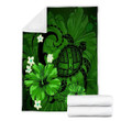 FamilyGater Blanket - Hawaiian Map Big Turtle Hibiscus Plumeria Tribal Polynesian Premium Blankets - Green - AH - J6C